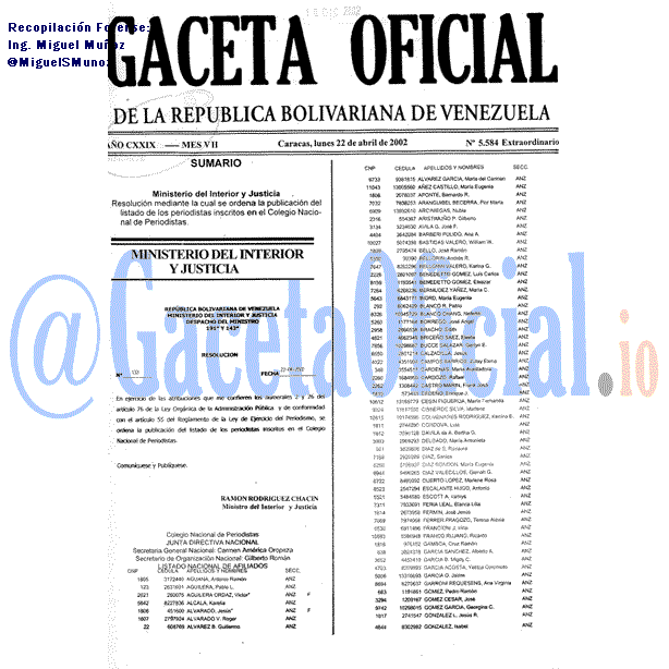 Gaceta Oficial 5584 del 22 Abril 2002