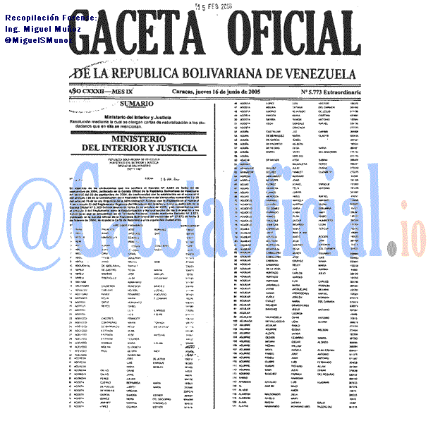 Gaceta Oficial 5773 del 16 Junio 2005