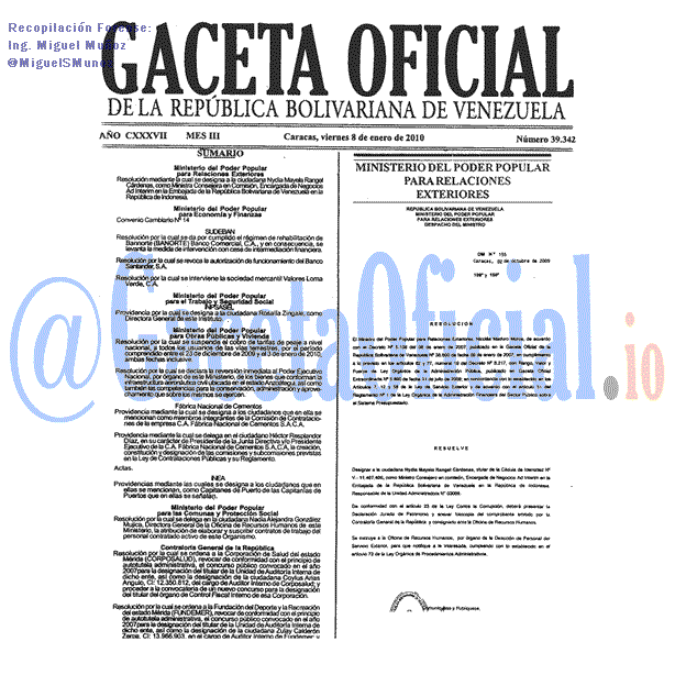 Gaceta Oficial 39342 del 8 Enero 2010