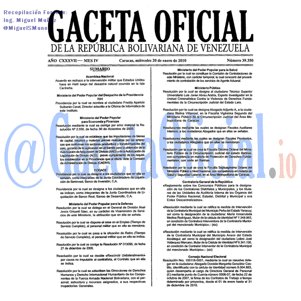 Gaceta Oficial 39350 del 20 Enero 2010