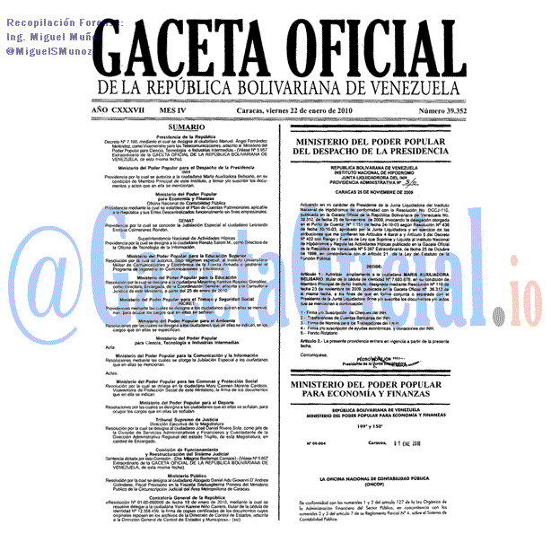 Gaceta Oficial 39352 del 22 Enero 2010