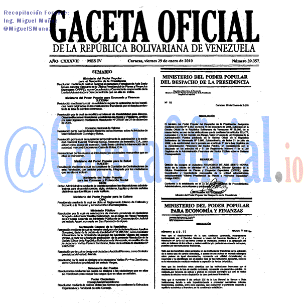 Gaceta Oficial 39357 del 29 Enero 2010