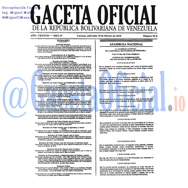 Gaceta Oficial 39365 del 10 Febrero 2010