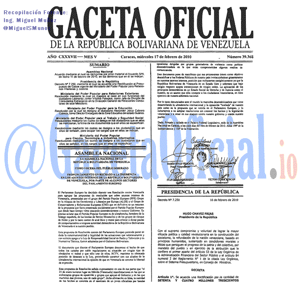 Gaceta Oficial 39368 del 17 Febrero 2010