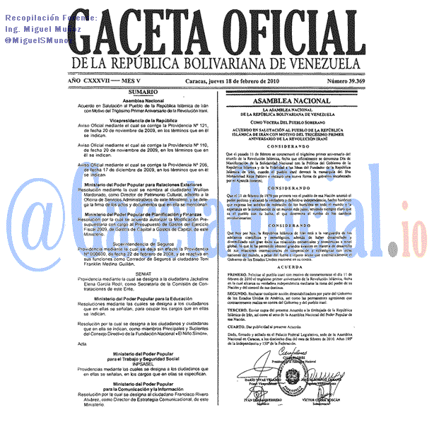 Gaceta Oficial 39369 del 18 Febrero 2010