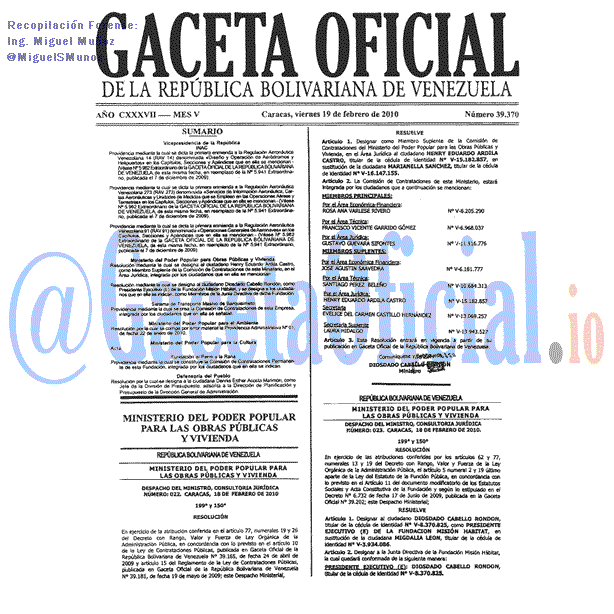 Gaceta Oficial 39370 del 19 Febrero 2010