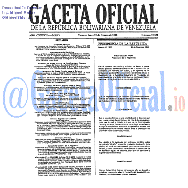 Gaceta Oficial 39371 del 22 Febrero 2010