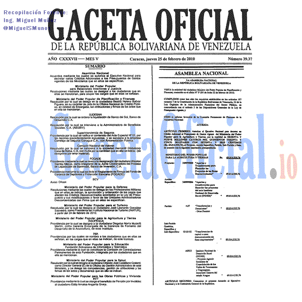 Gaceta Oficial 39374 del 25 Febrero 2010