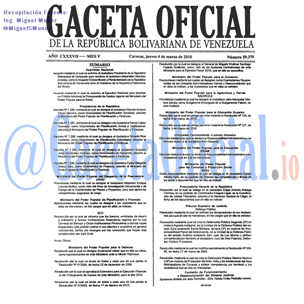 Gaceta Oficial 39379 del 4 Marzo 2010