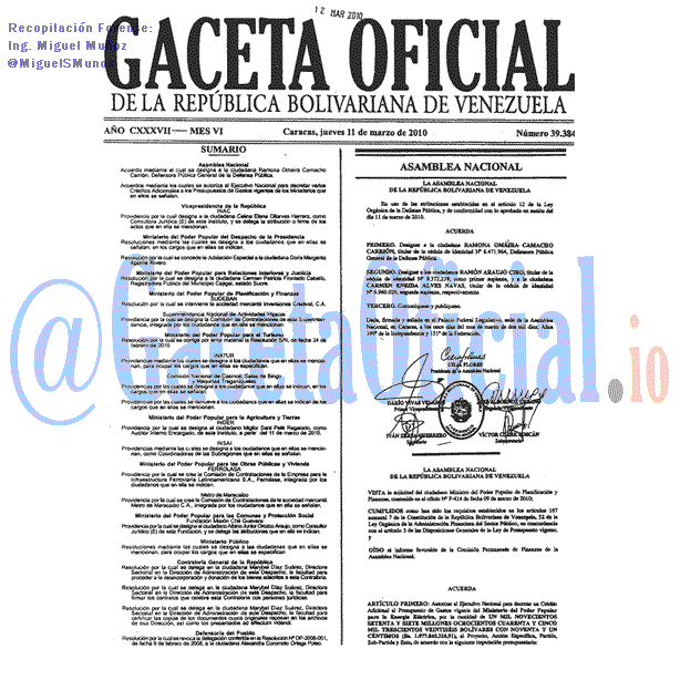 Gaceta Oficial 39384 del 11 Marzo 2010