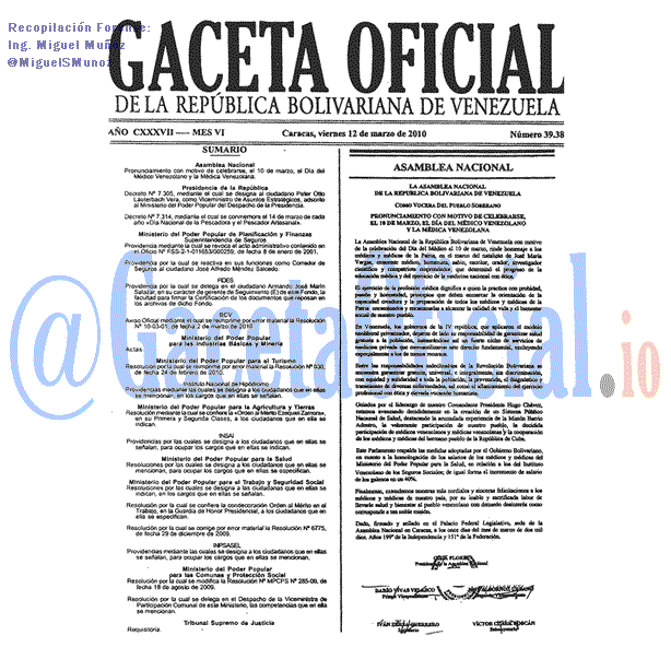 Gaceta Oficial 39385 del 12 Marzo 2010