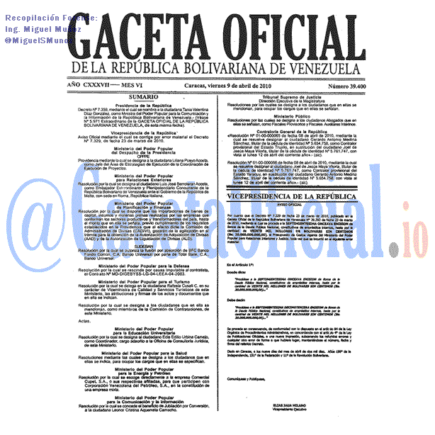 Gaceta Oficial 39400 del 9 Abril 2010