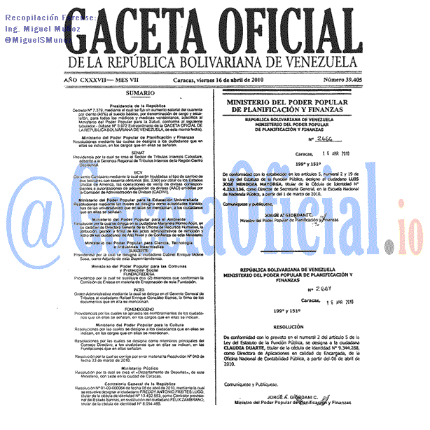 Gaceta Oficial 39405 del 16 Abril 2010