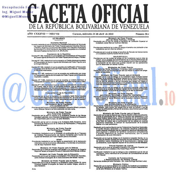 Gaceta Oficial 39407 del 21 Abril 2010