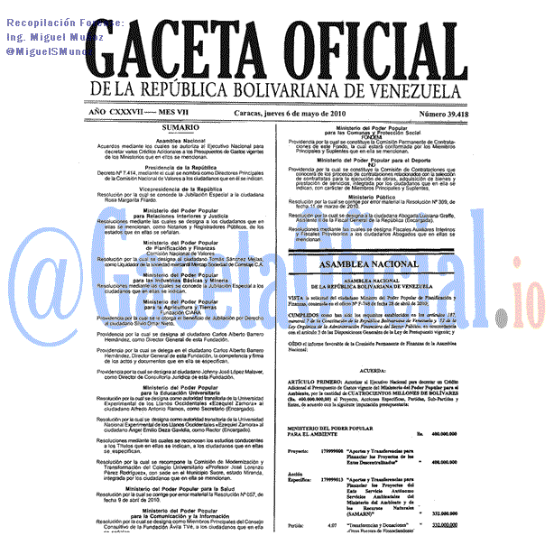 Gaceta Oficial 39418 del 6 Mayo 2010
