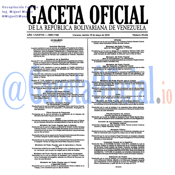 Gaceta Oficial 39426 del 18 Mayo 2010