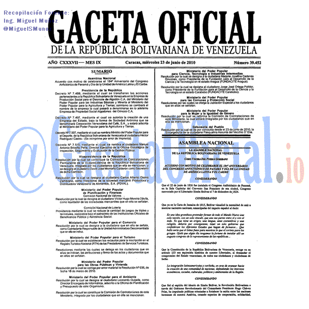 Gaceta Oficial 39452 del 23 Junio 2010
