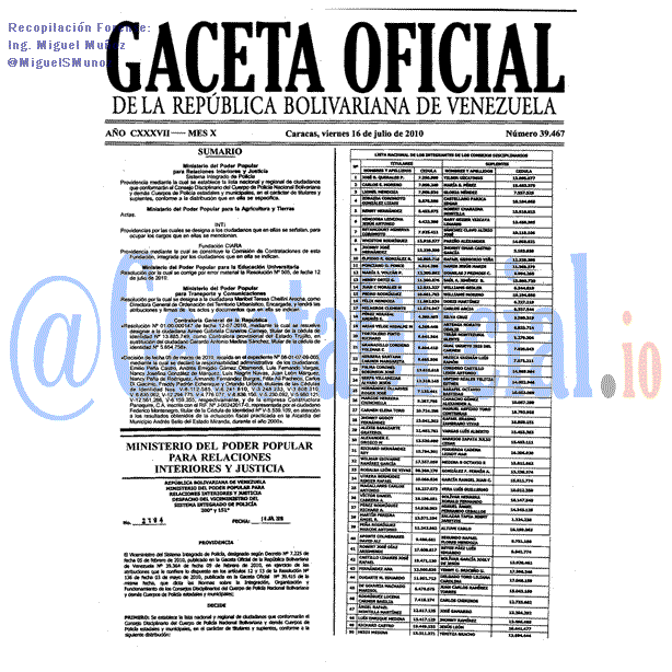 Gaceta Oficial 39467 del 16 Julio 2010