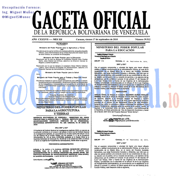 Gaceta Oficial 39512 del 17 Septiembre 2010