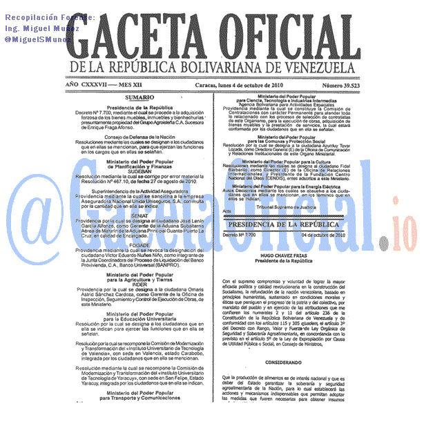Gaceta Oficial 39523 del 4 Octubre 2010