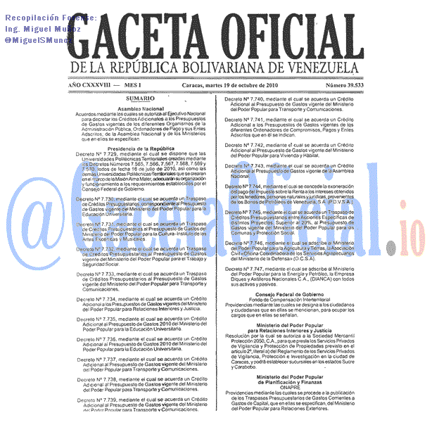 Gaceta Oficial 39533 del 19 Octubre 2010
