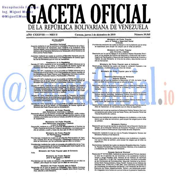 Gaceta Oficial 39565 del 2 Diciembre 2010