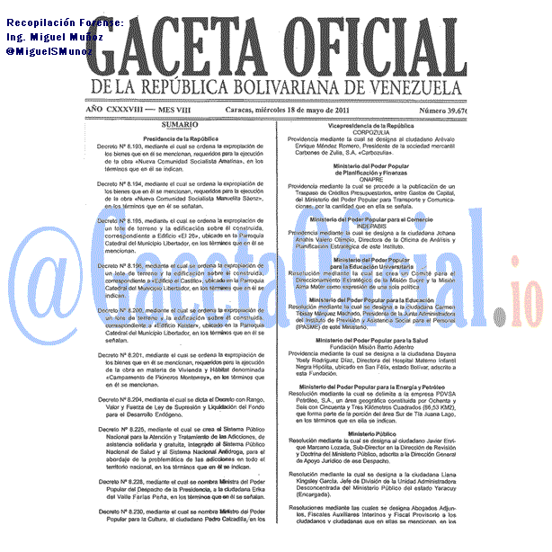 Gaceta Oficial 39676 del 18 Mayo 2011