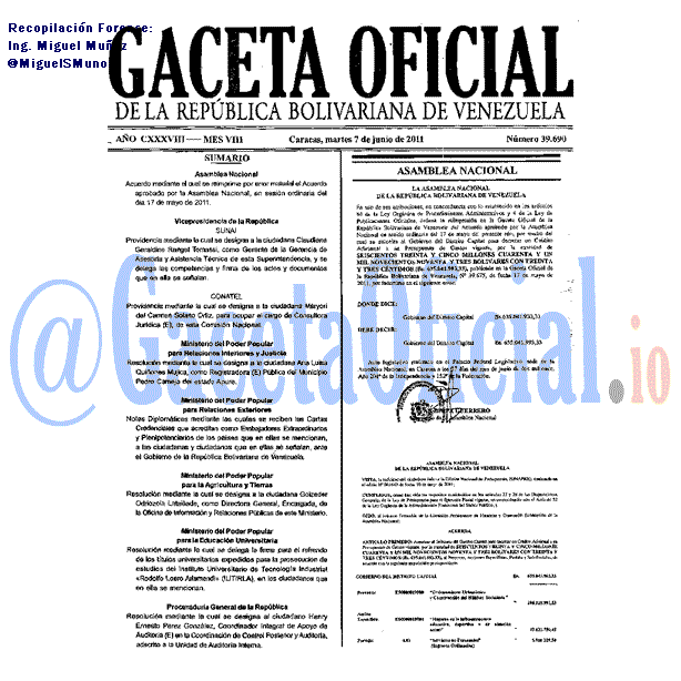 Gaceta Oficial 39690 del 7 Junio 2011