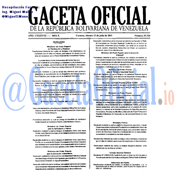 Gaceta Oficial 39714 del 15 Julio 2011
