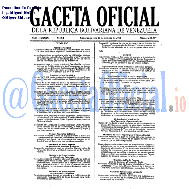 Gaceta Oficial 39787 del 27 Octubre 2011