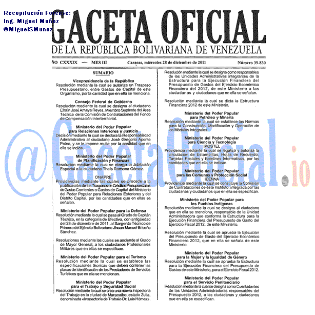 Gaceta Oficial 39830 del 28 Diciembre 2011