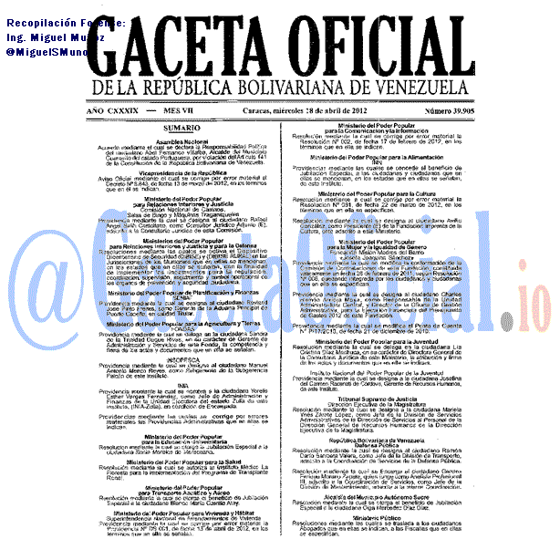 Gaceta Oficial 39905 del 18 Abril 2012