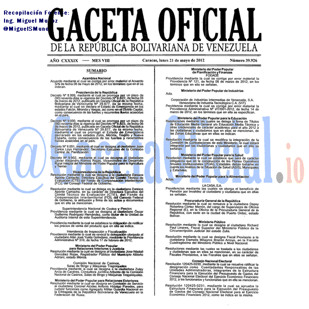 Gaceta Oficial 39926 del 21 Mayo 2012