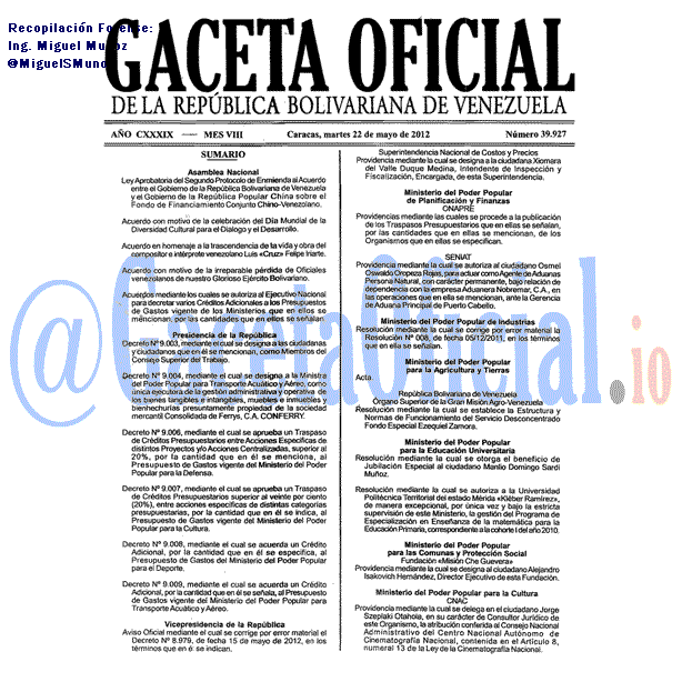 Gaceta Oficial 39927 del 22 Mayo 2012