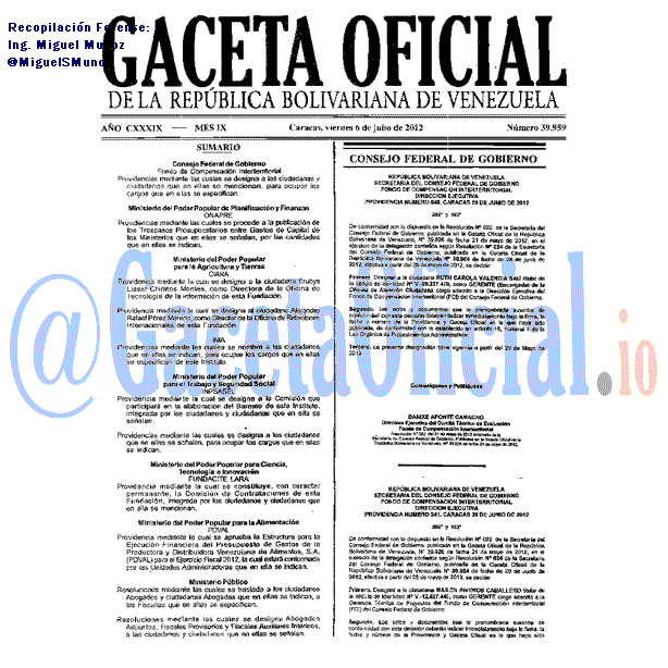 Gaceta Oficial 39959 del 6 Julio 2012