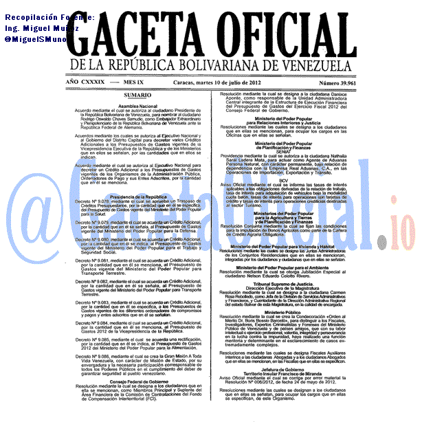 Gaceta Oficial 39961 del 10 Julio 2012