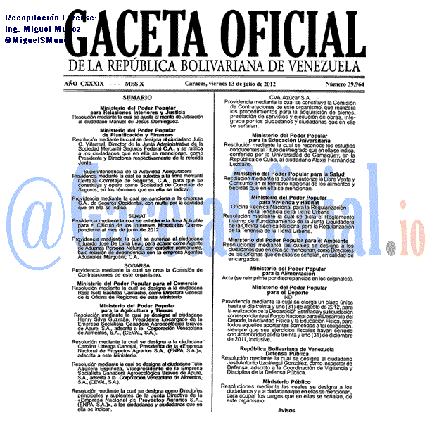 Gaceta Oficial 39964 del 13 Julio 2012