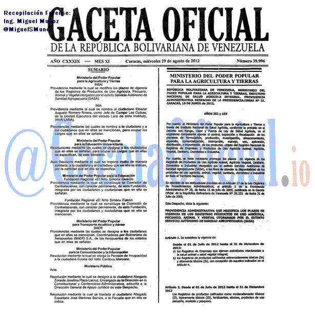 Gaceta Oficial 39996 del 29 Agosto 2012