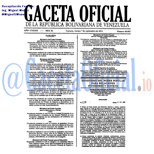 Gaceta Oficial 40003 del 7 Septiembre 2012