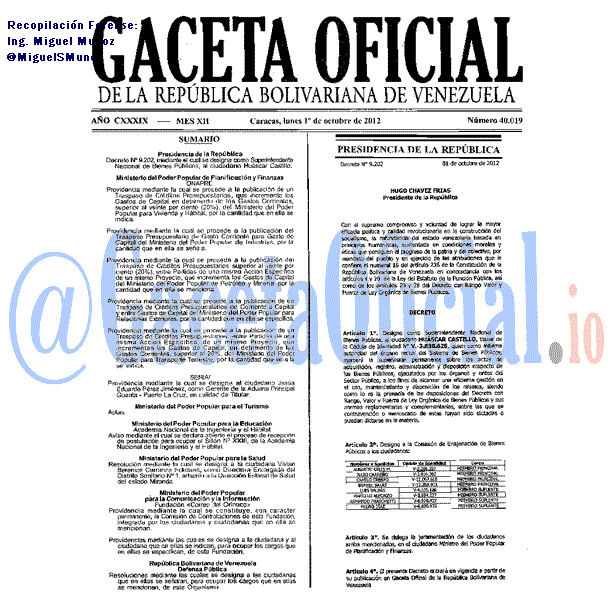 Gaceta Oficial 40019 del 1 Octubre 2012