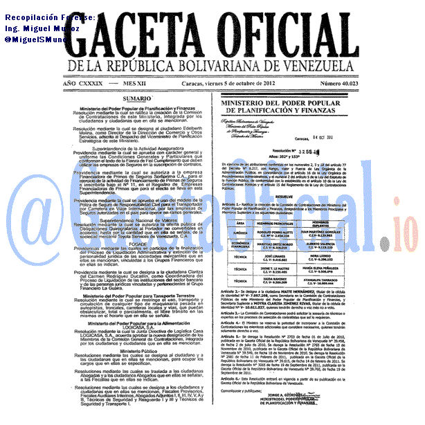 Gaceta Oficial 40023 del 5 Octubre 2012