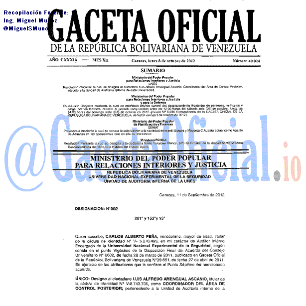 Gaceta Oficial 40024 del 8 Octubre 2012