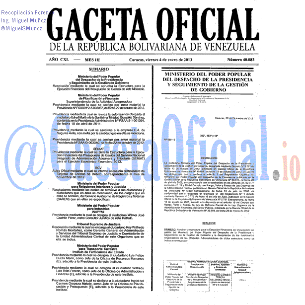 Gaceta Oficial 40083 del 4 Enero 2013