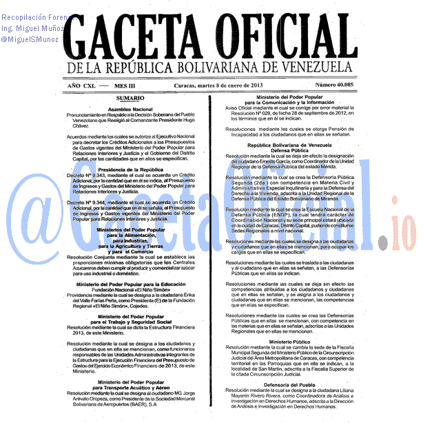 Gaceta Oficial 40085 del 8 Enero 2013