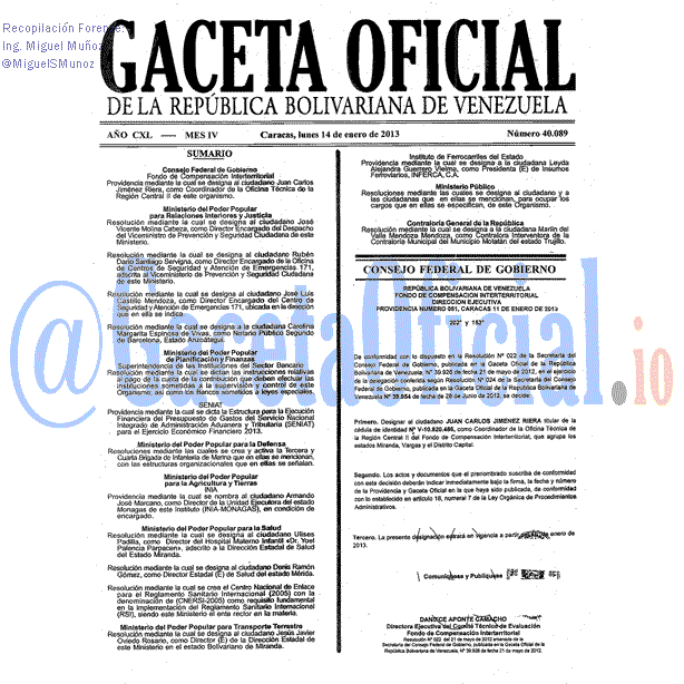 Gaceta Oficial 40089 del 14 Enero 2013