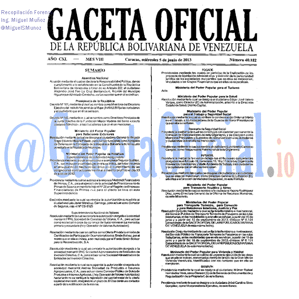 Gaceta Oficial 40182 del 5 Junio 2013