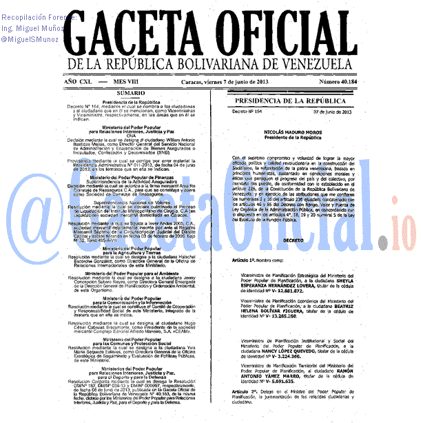 Gaceta Oficial 40184 del 7 Junio 2013