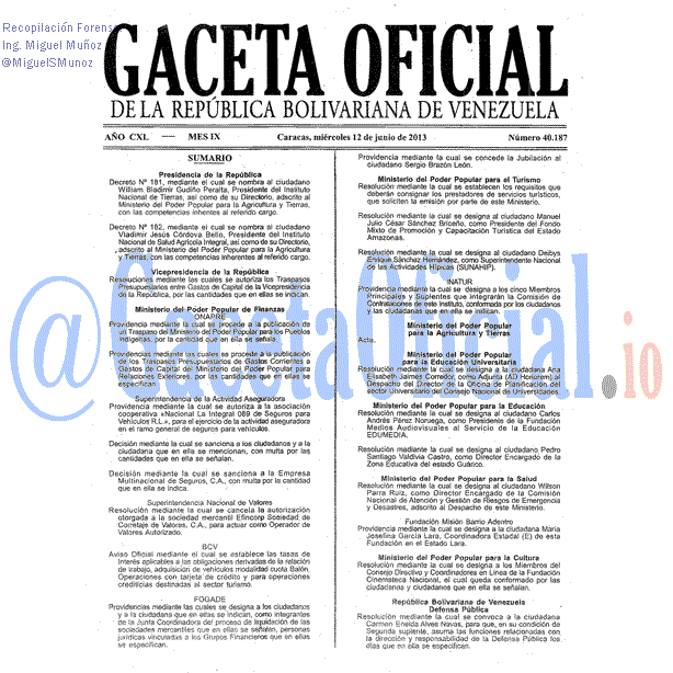 Gaceta Oficial 40187 del 12 Junio 2013