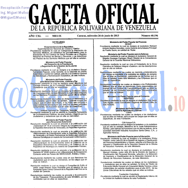 Gaceta Oficial 40196 del 26 Junio 2013