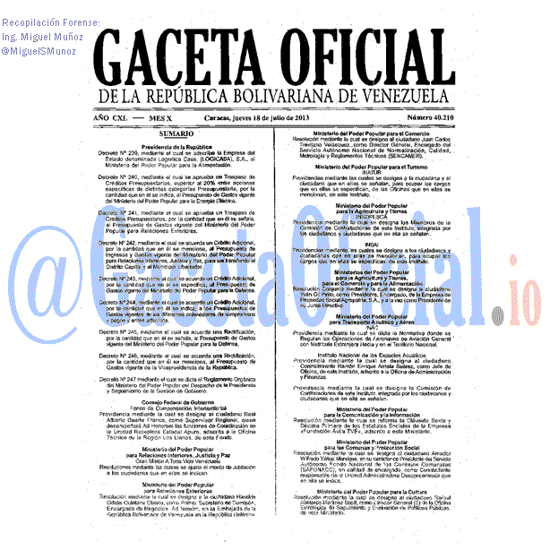 Gaceta Oficial 40210 del 18 Julio 2013
